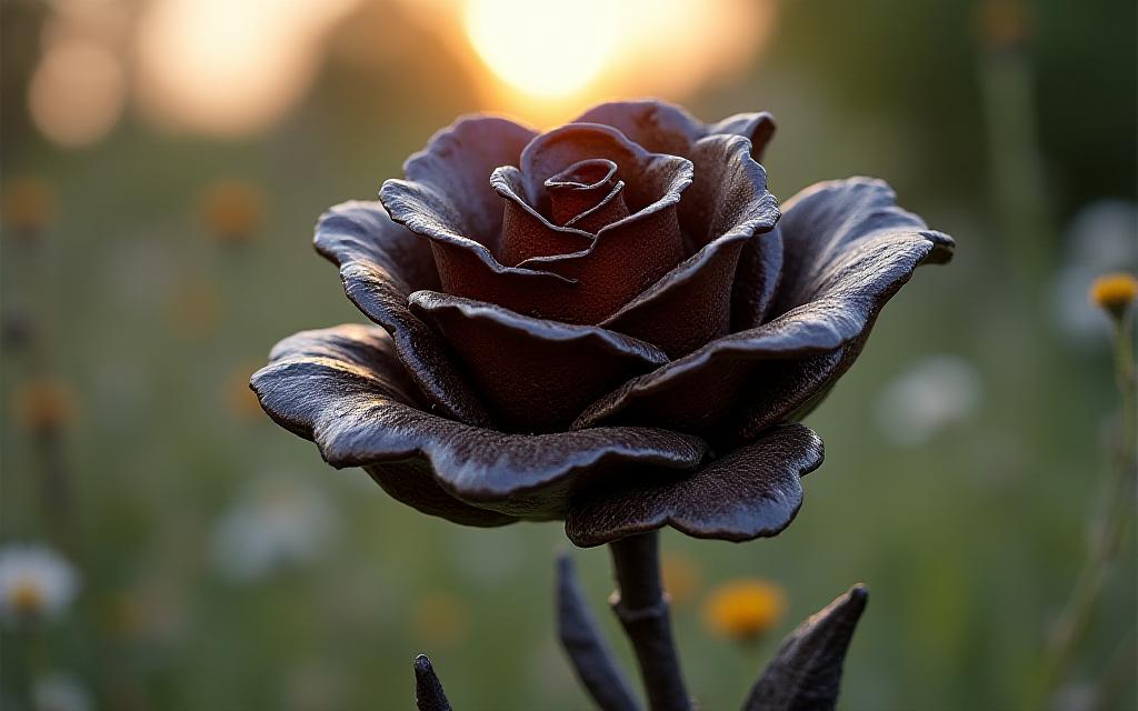 A beautifully forged metal rose sculpture in a rustic garden setting.